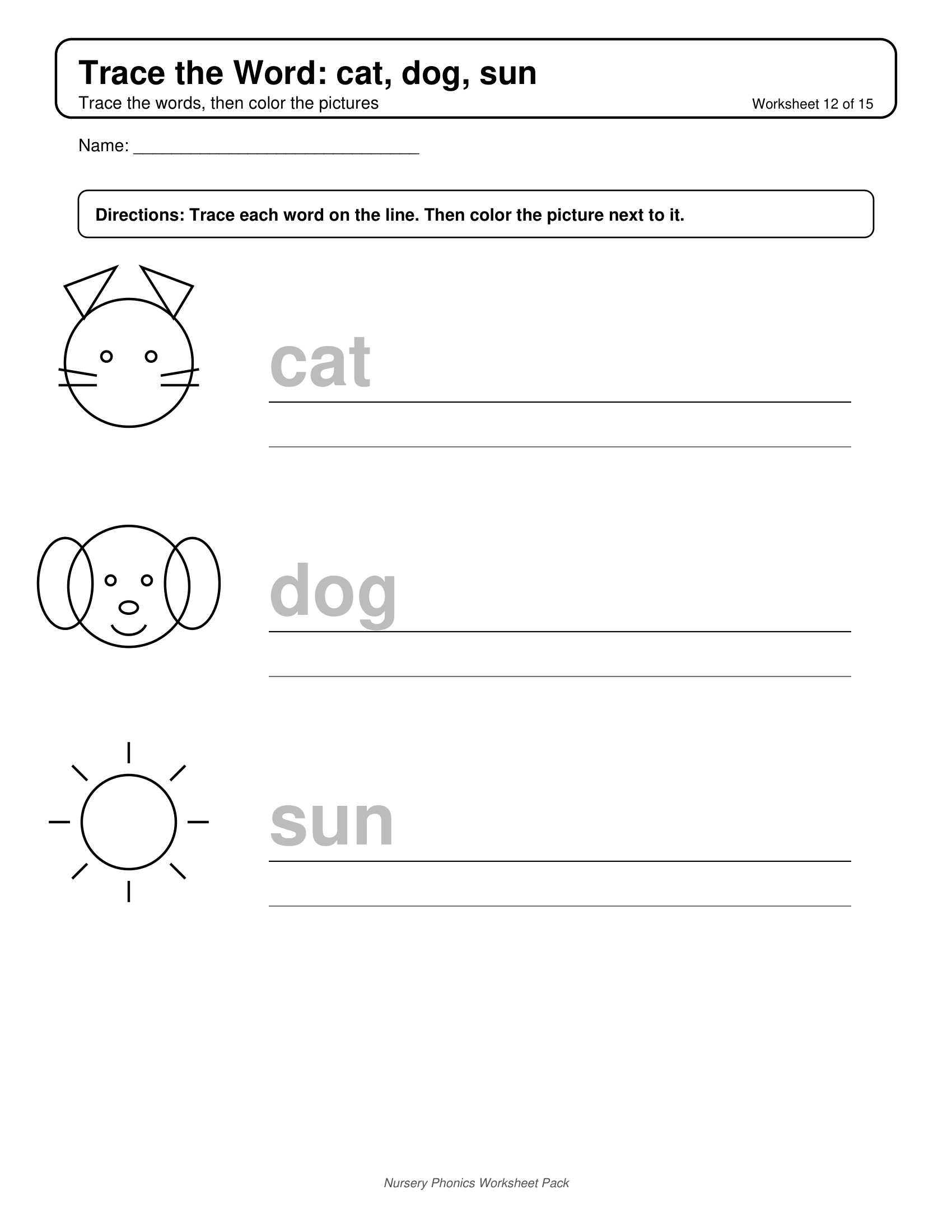 Trace and Color Cat Dog Sun Phonics Worksheets for Nursery