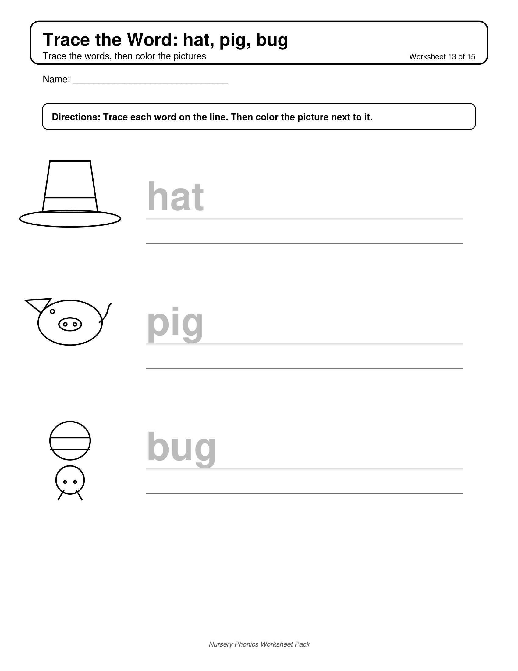 Trace and Color Hat Pig Bunny Phonics Worksheets for Nursery