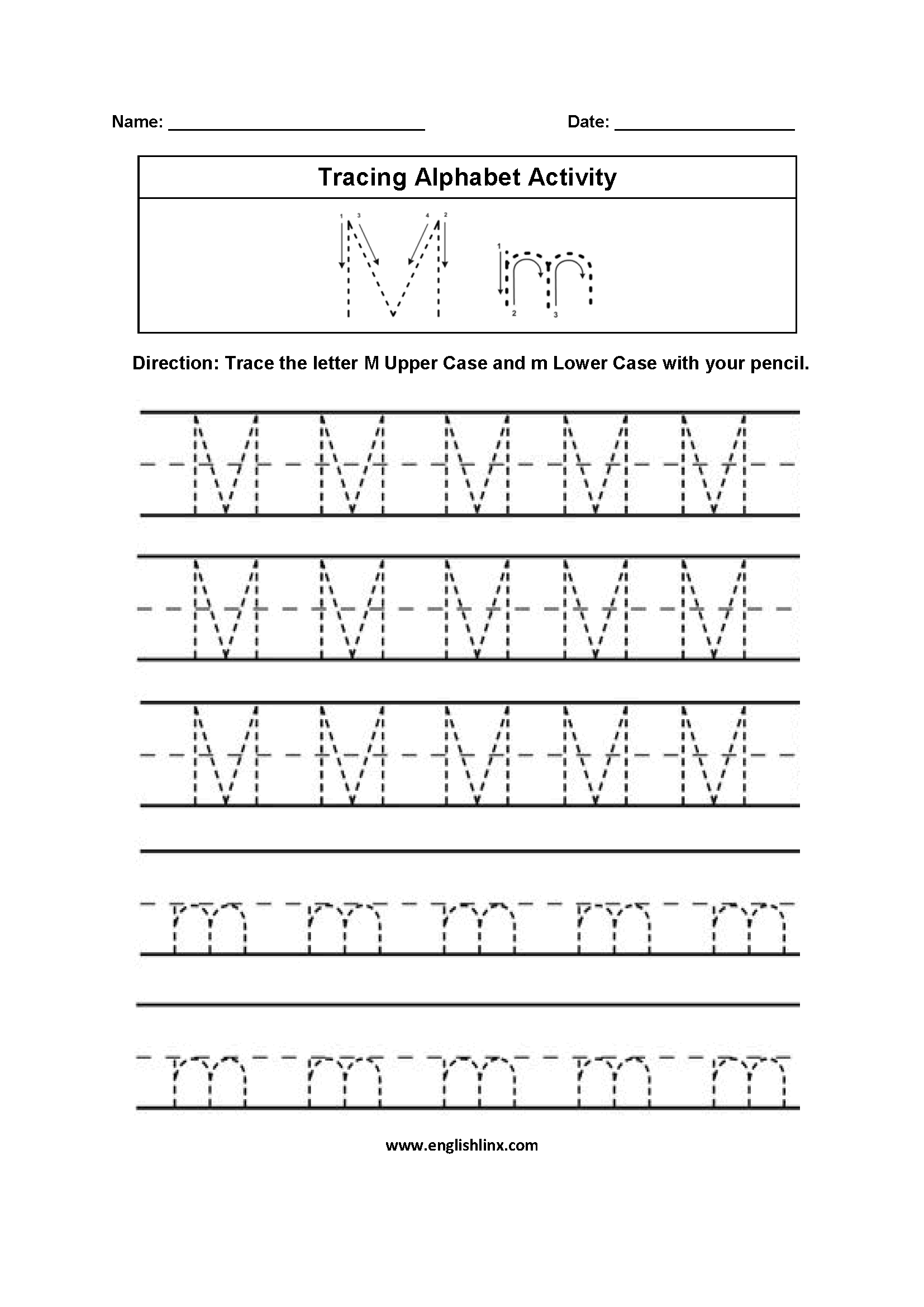 Letter M Tracing Alphabet Worksheets