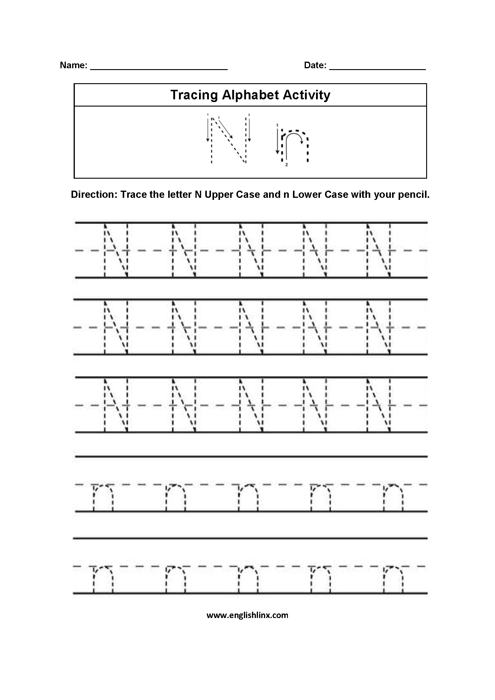 Letter N Tracing Alphabet Worksheets