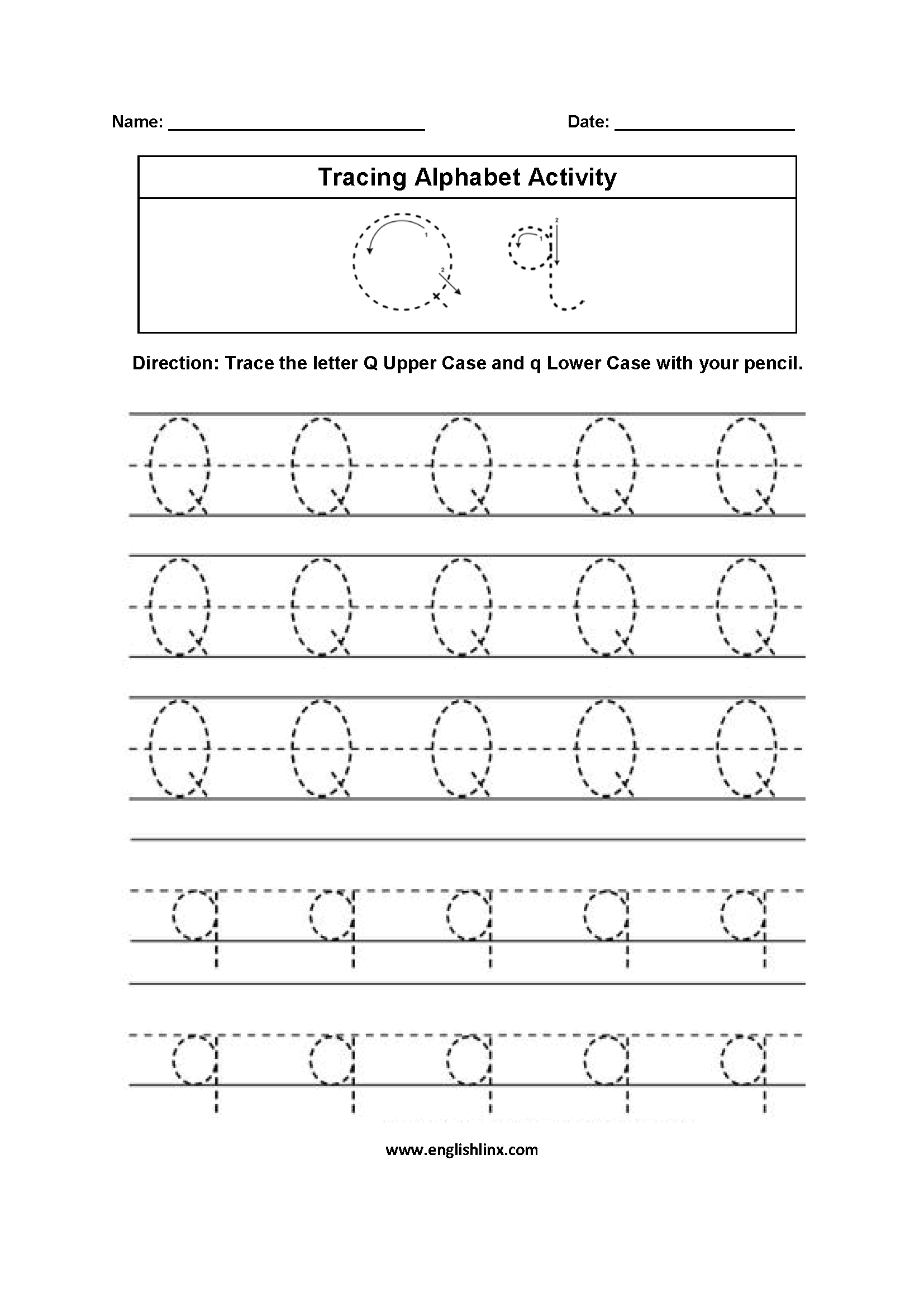 Letter Q Tracing Alphabet Worksheets