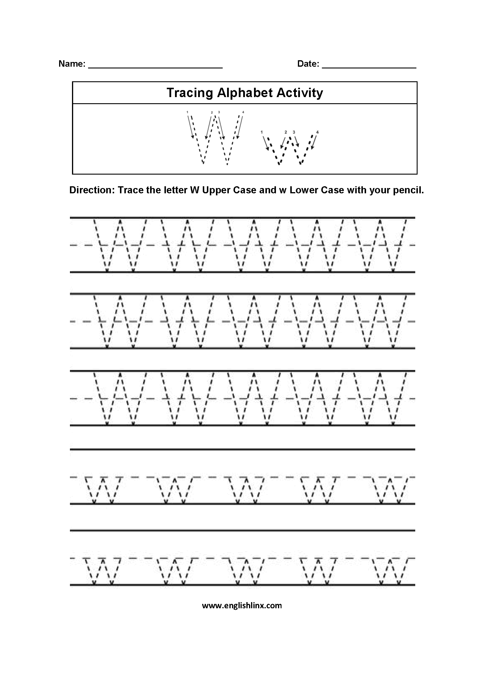 Letter W Tracing Alphabet Worksheets