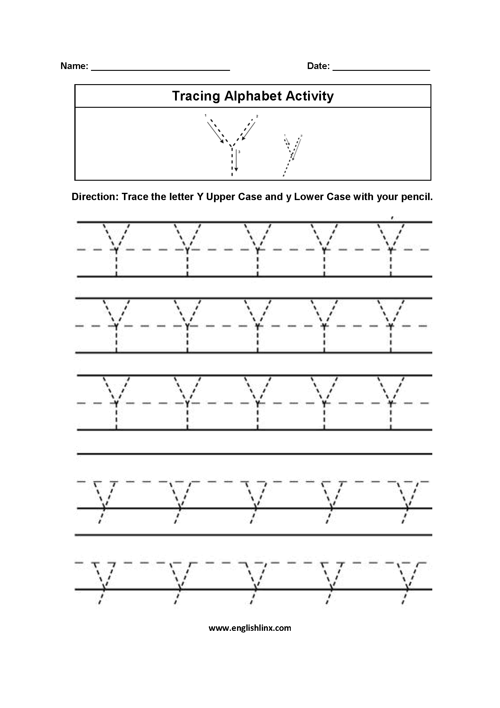 Letter Y Tracing Alphabet Worksheets