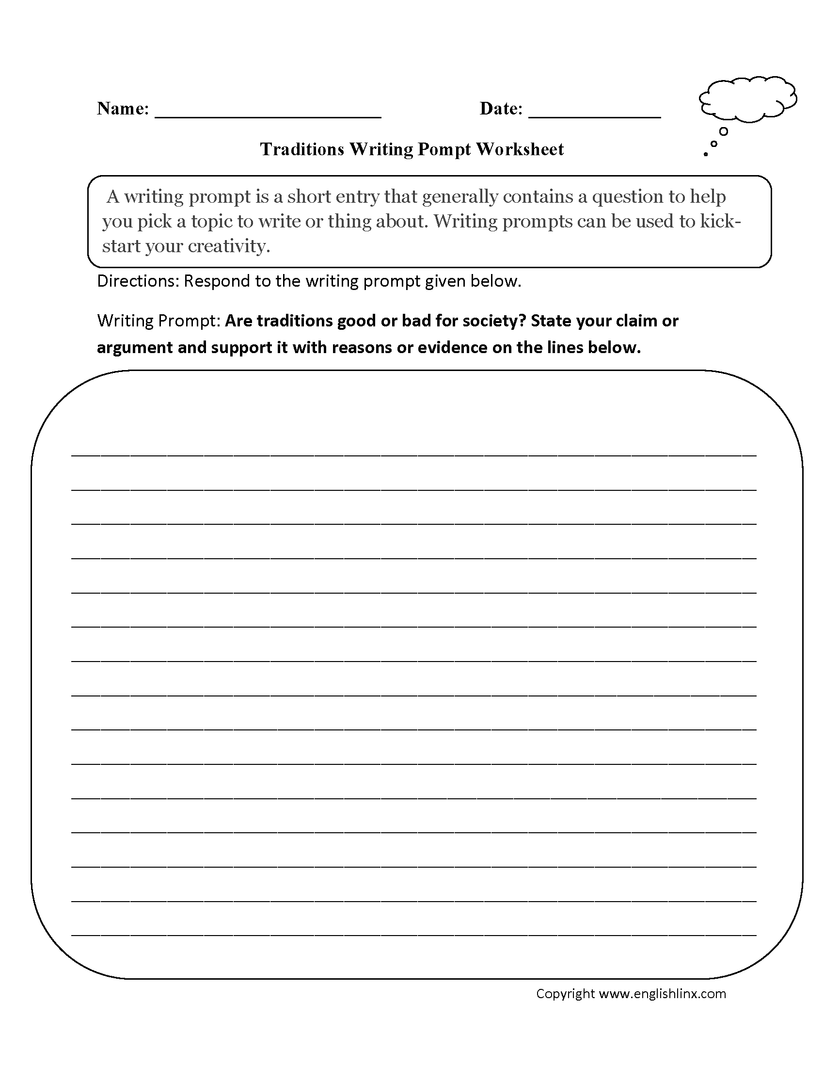 Traditions Argumentative Writing Prompts Worksheets