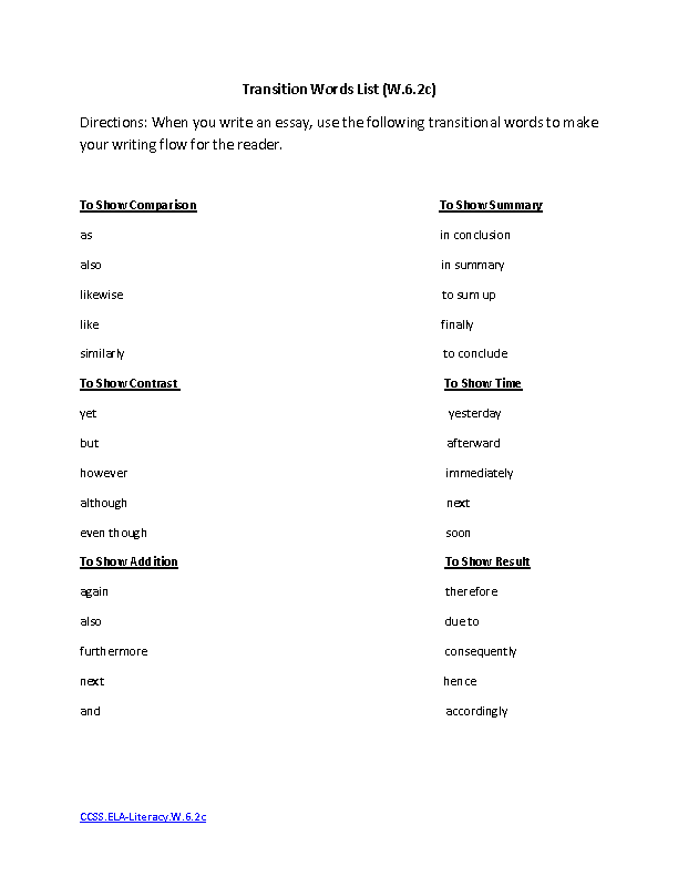 Transition Words List ELA-Literacy.W.6.2c Writing Worksheet