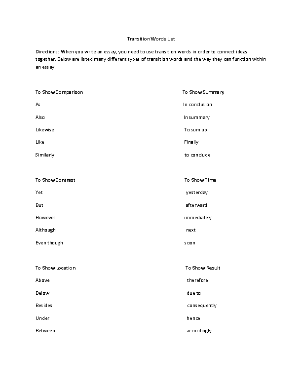 Transition Words List