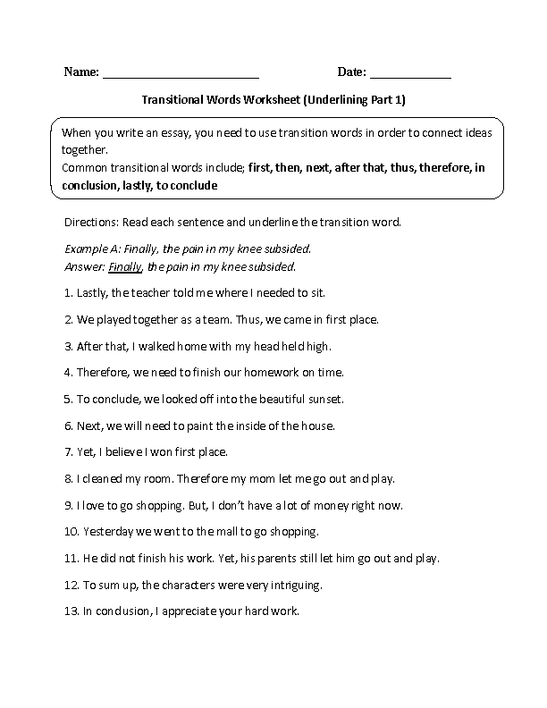 Englishlinx Transitional Words Worksheets