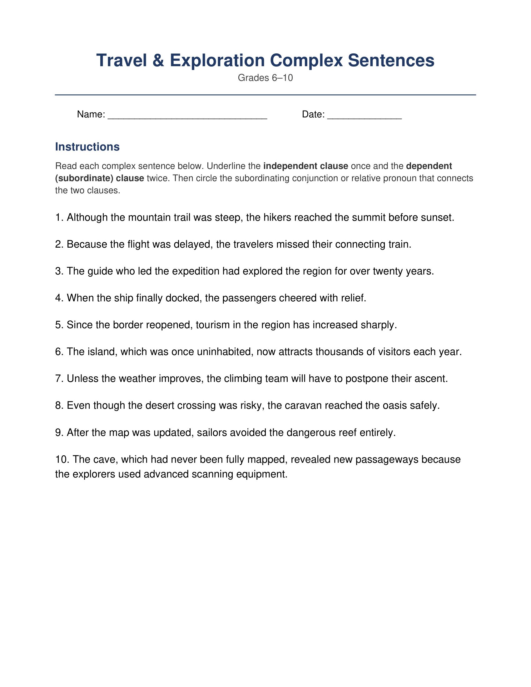 Travel Exploration Complex Sentences Worksheets