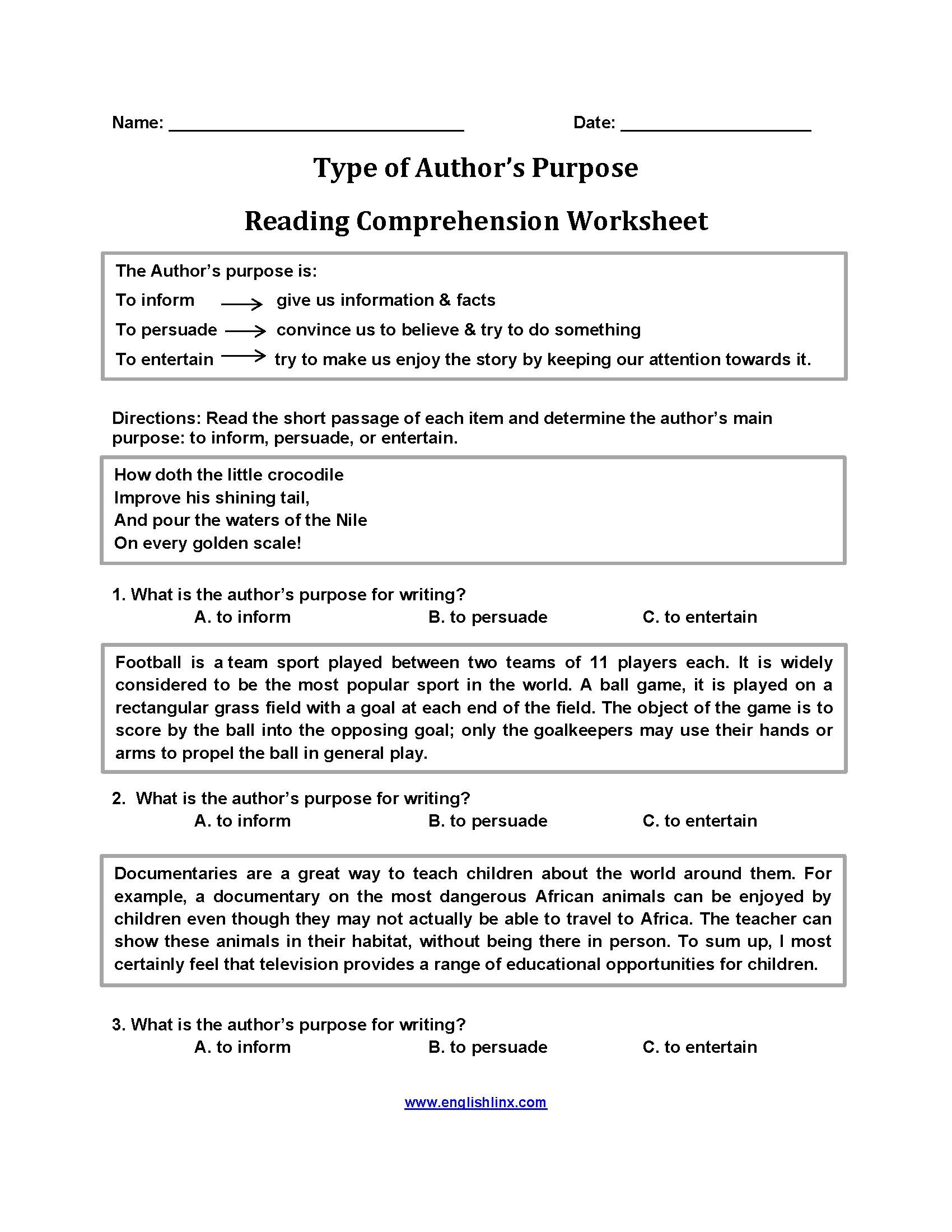 Type of Author's Purpose Worksheets