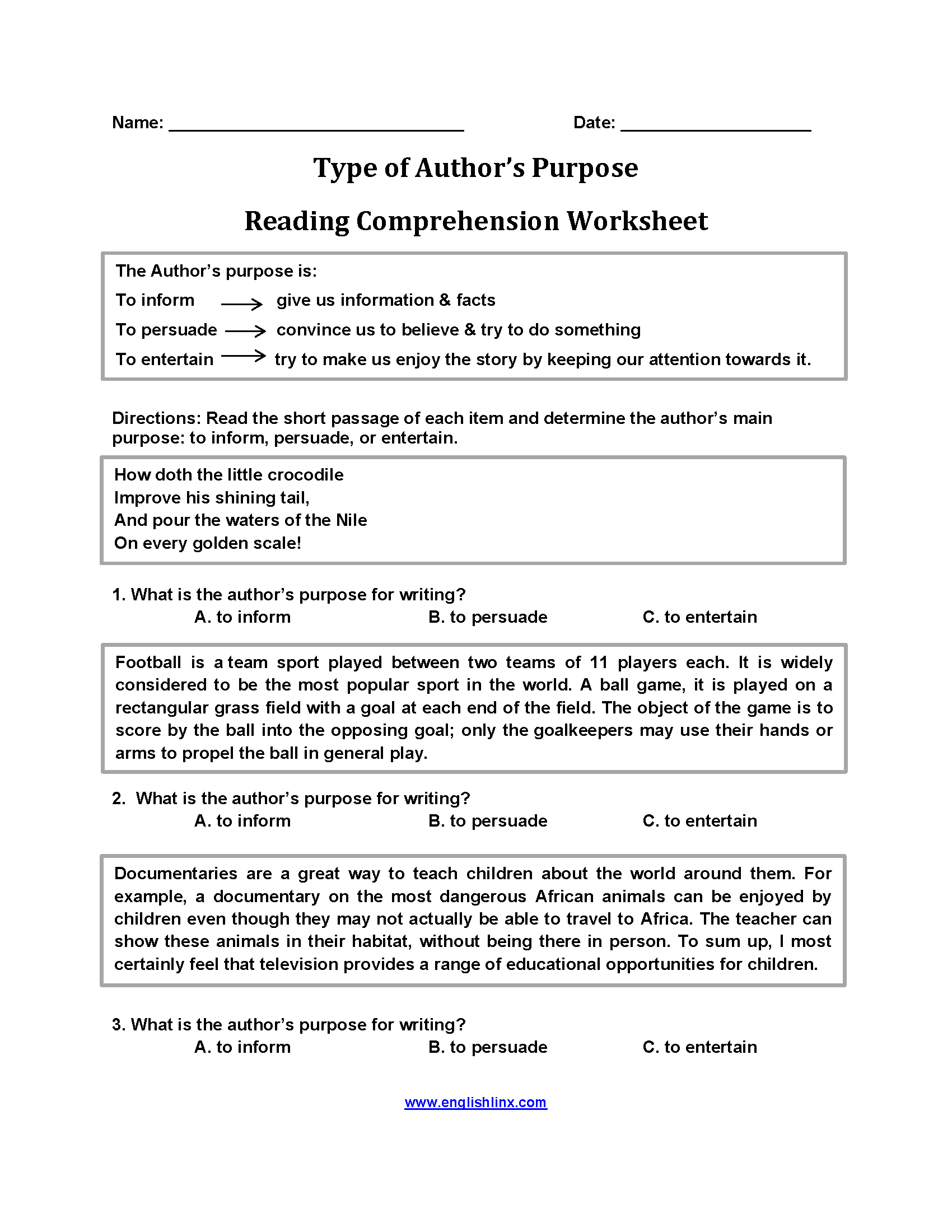 Author's Purpose - Sentence Writing Activity