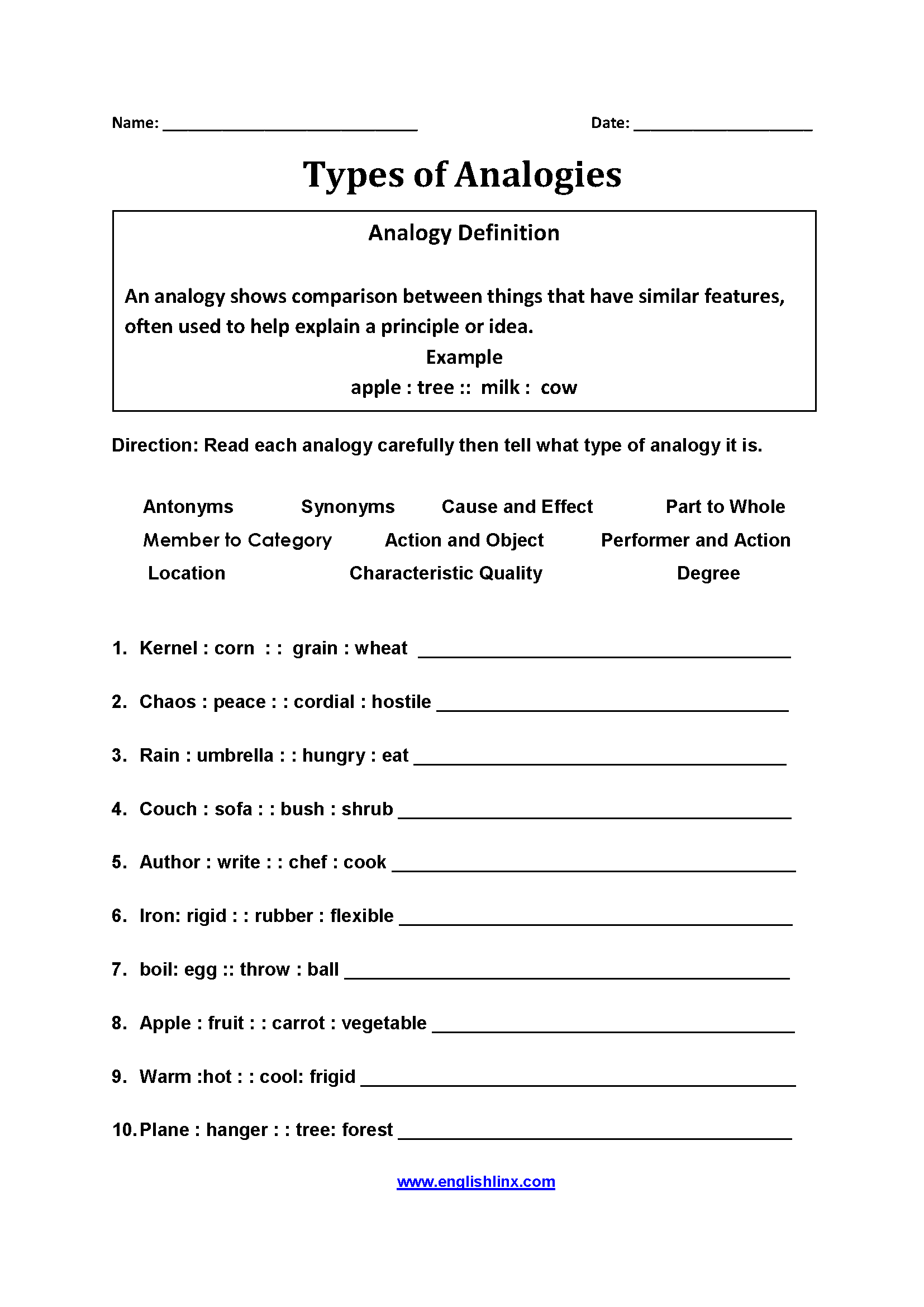 Types of Analogy Worksheets