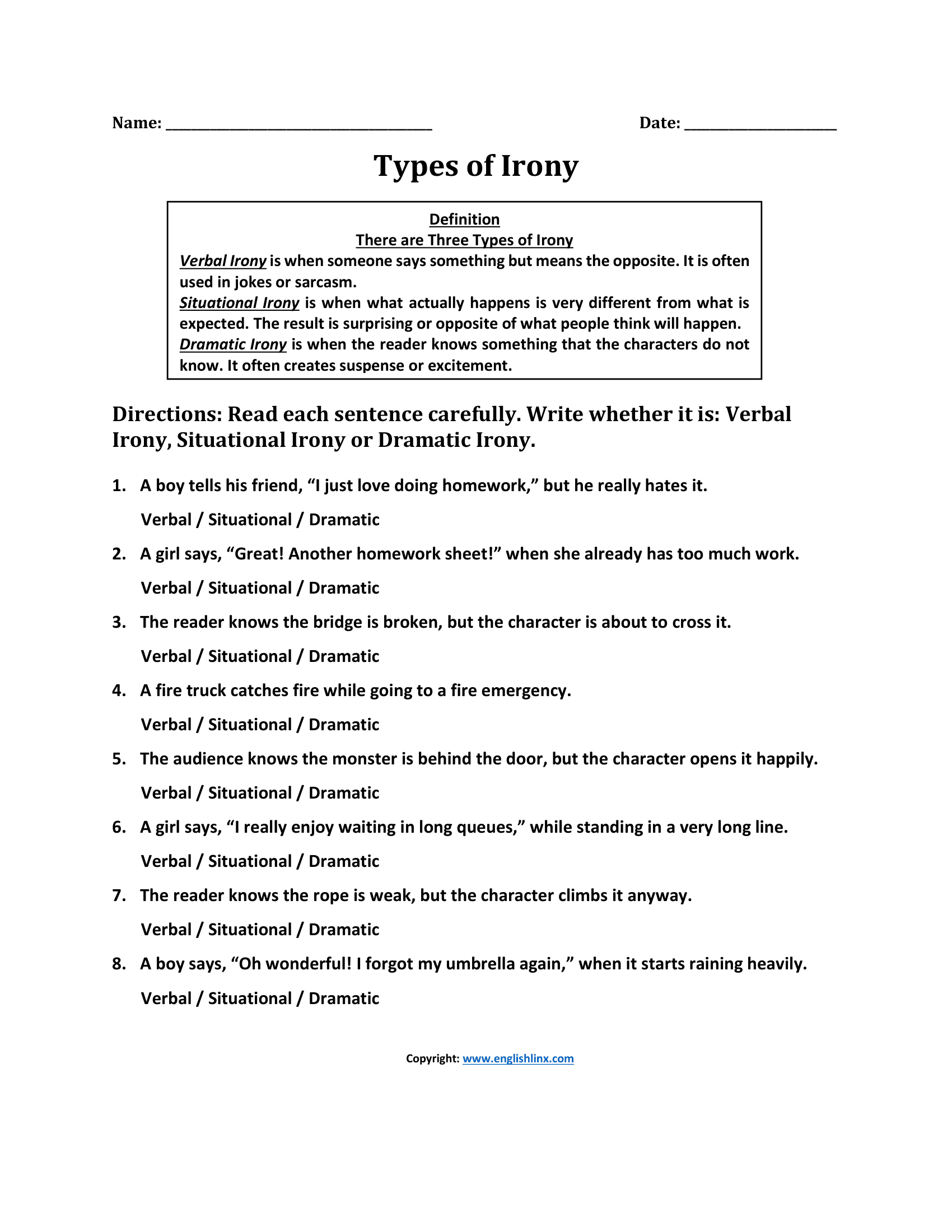 Types of Irony Worksheets