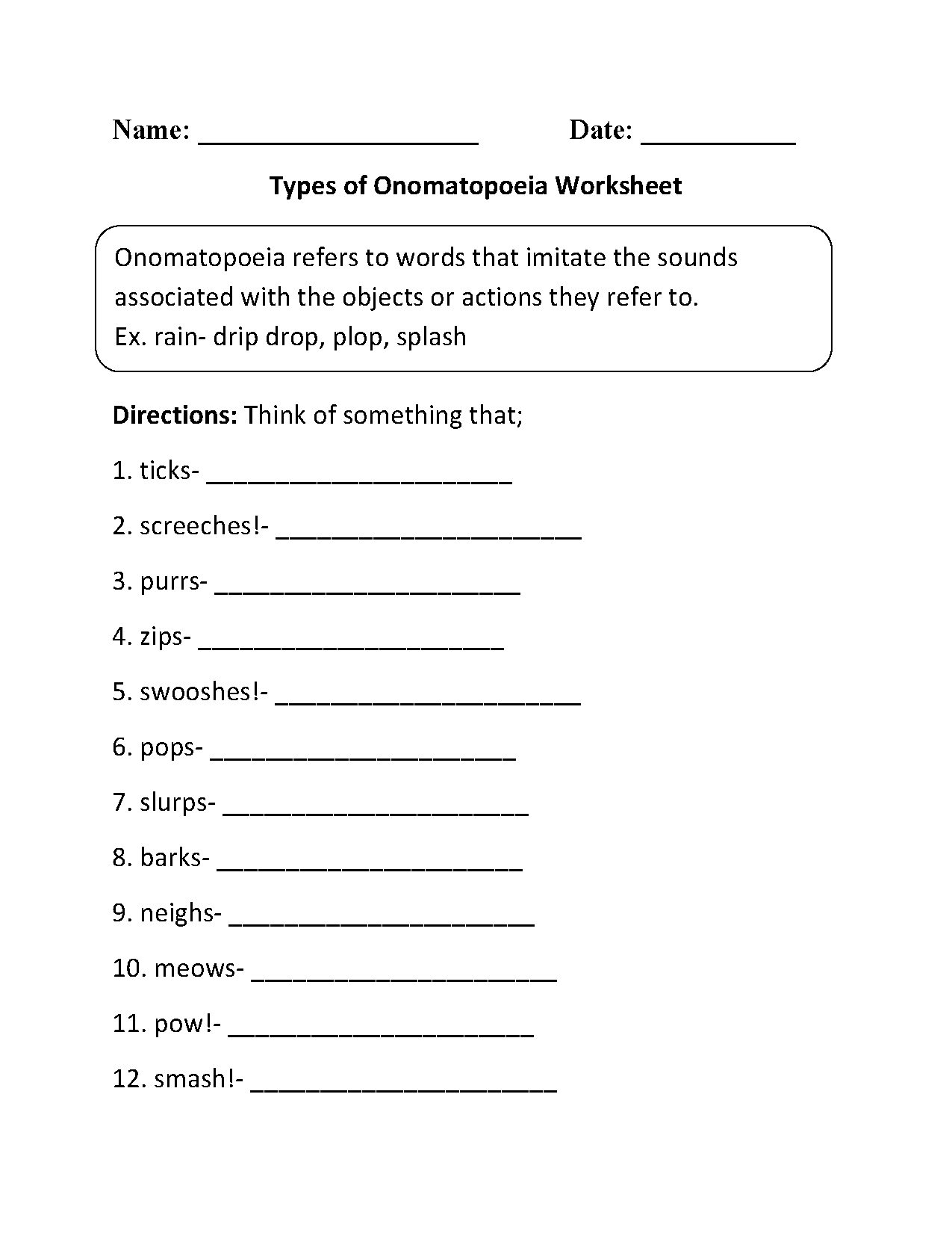 Types of Onomatopoeia Worksheet