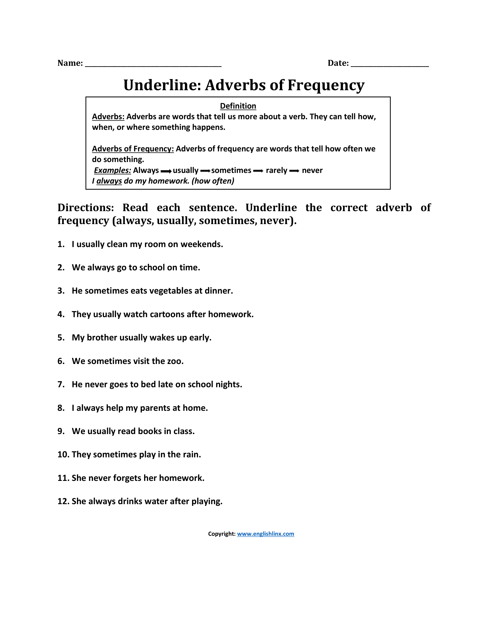 Underline Adverbs of Frequency Worksheets