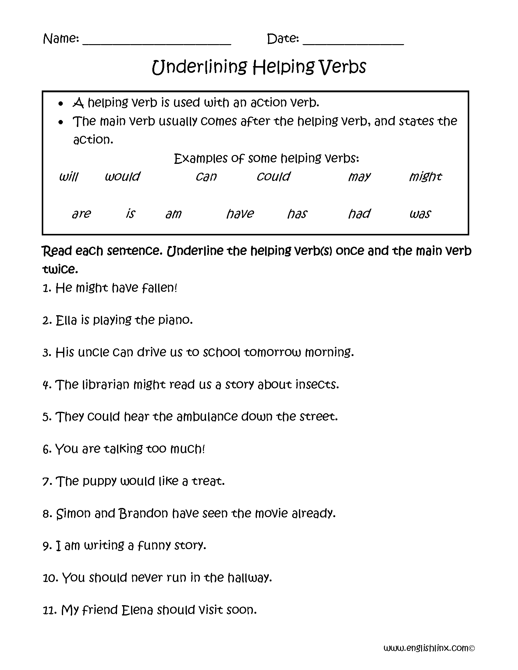 Underlining Helping Verbs Worksheets