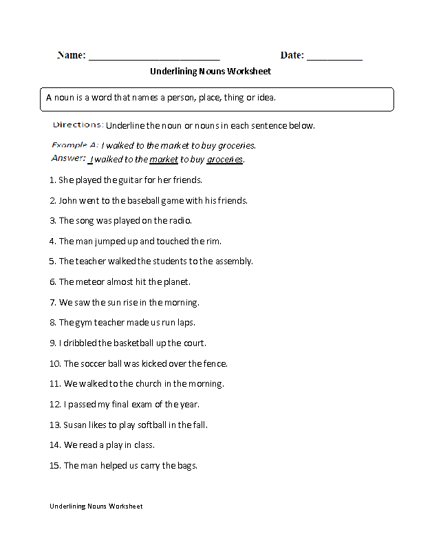 Underlining Nouns Worksheet