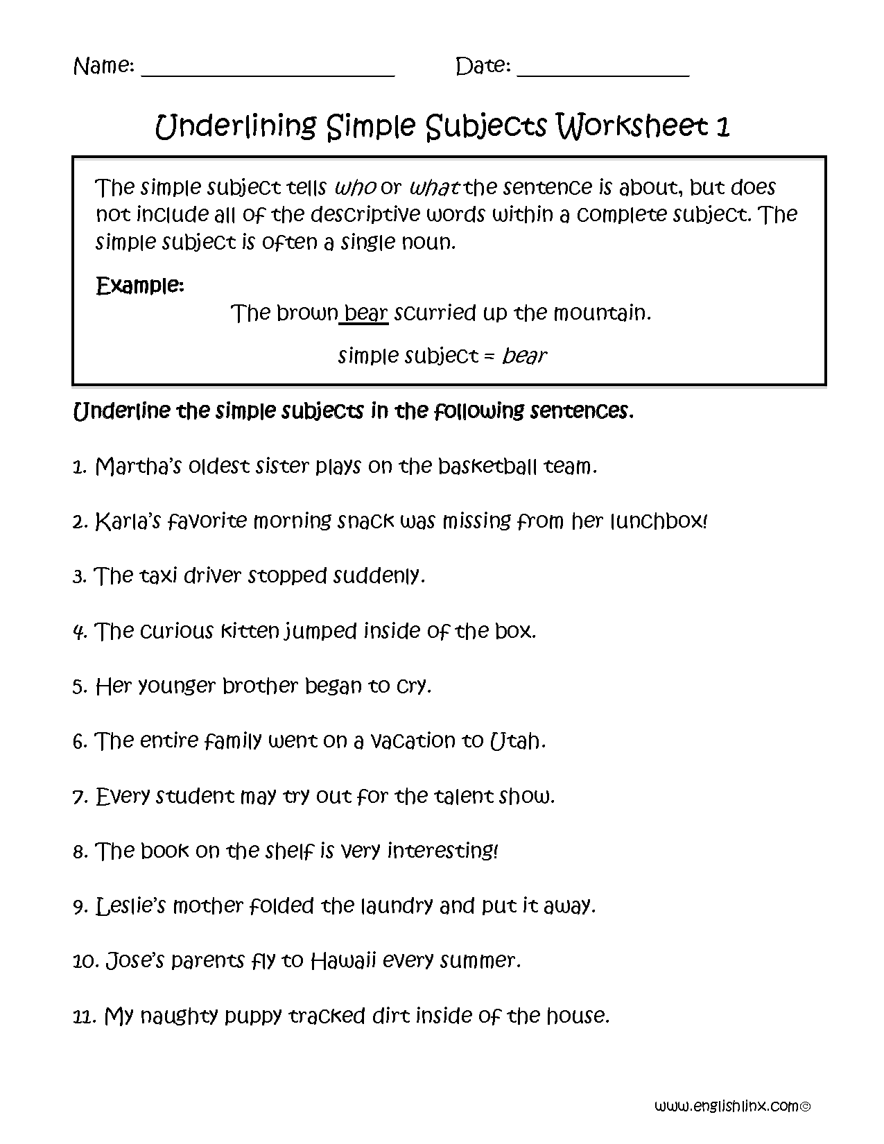 Underlining Simple Subject Worksheet