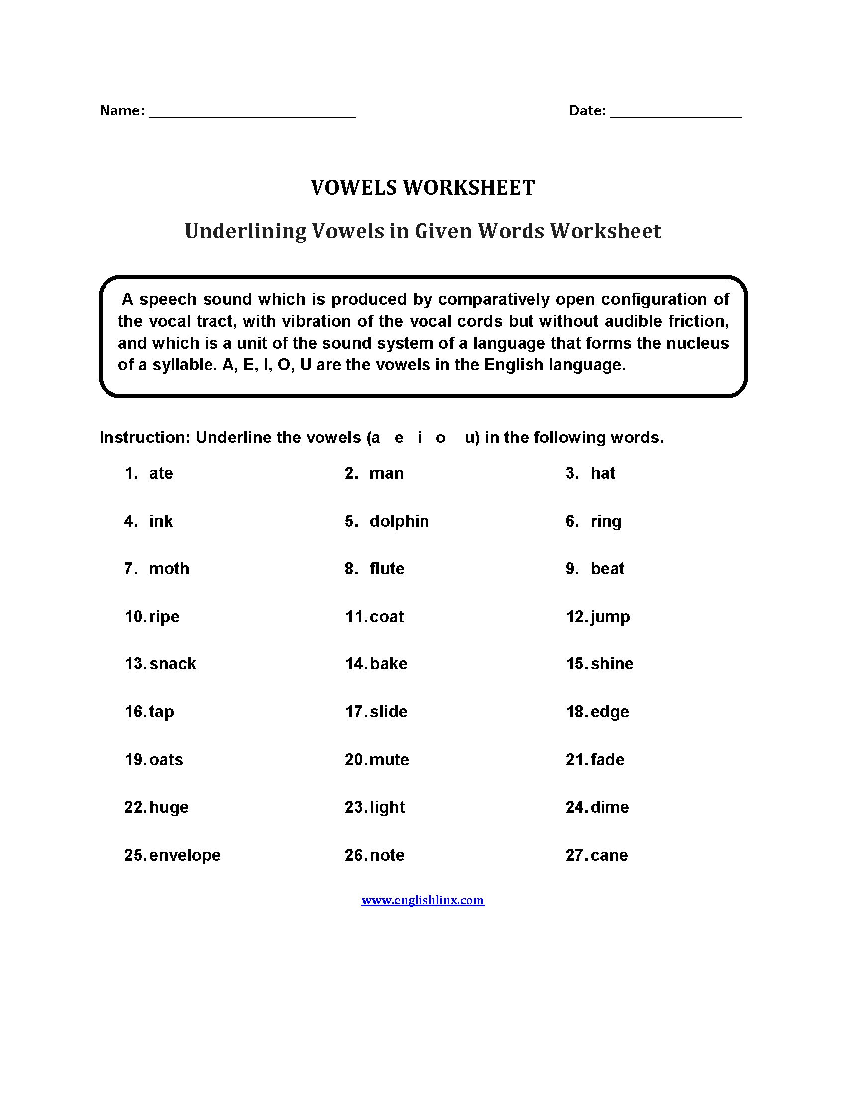 Underlining Vowels in Given Words Worksheets