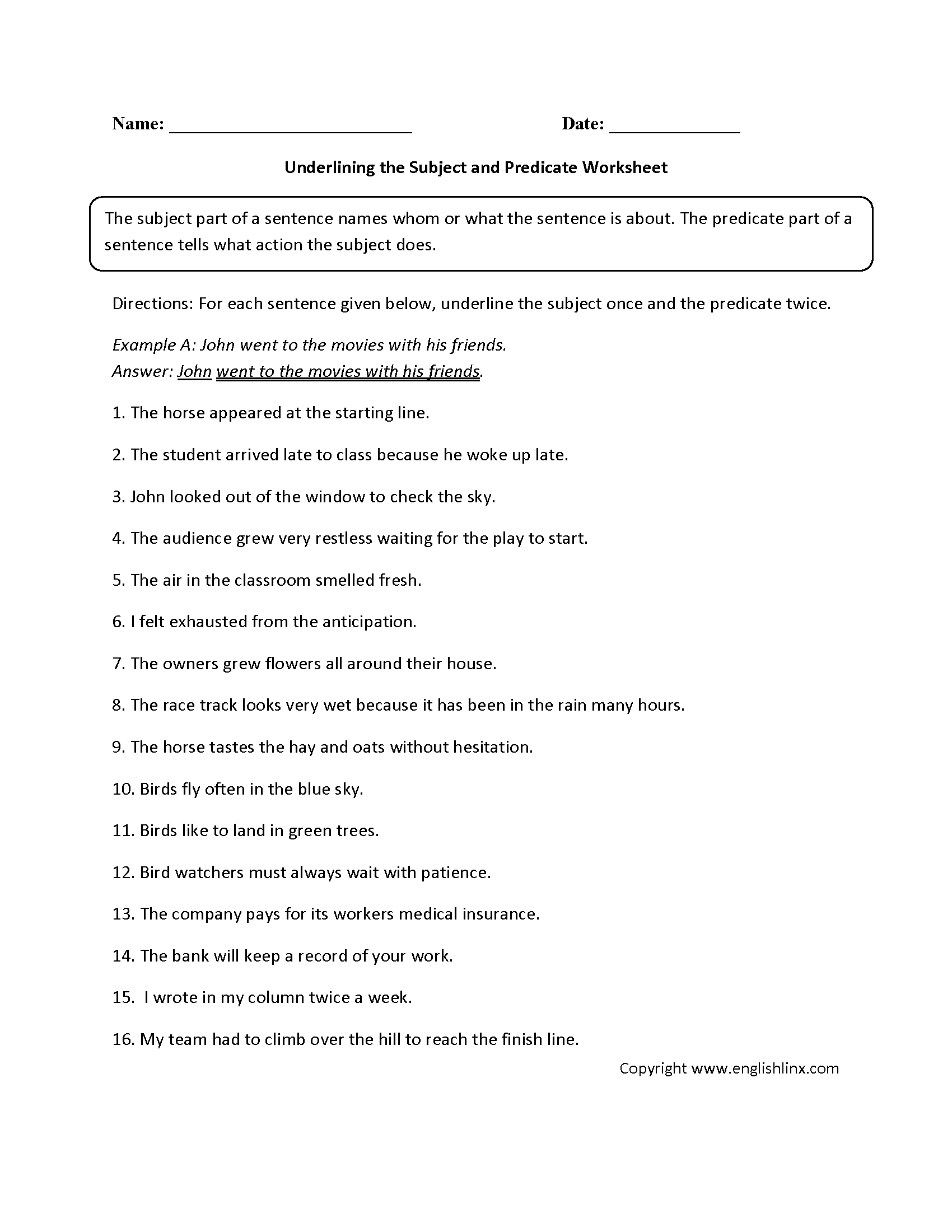 Parts Of A Sentence Worksheet