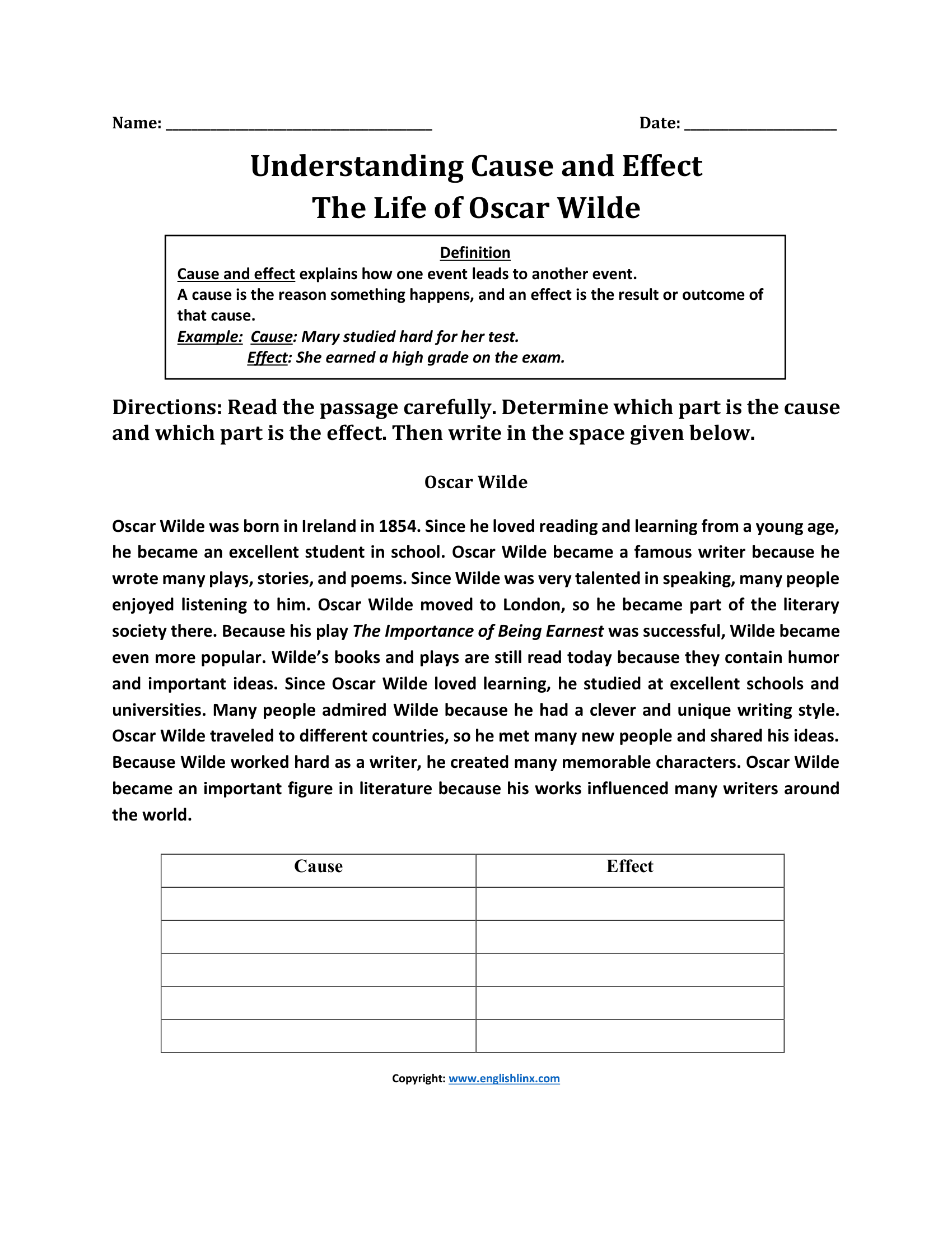 Understanding Oscar Wilde Cause and Effect Worksheet