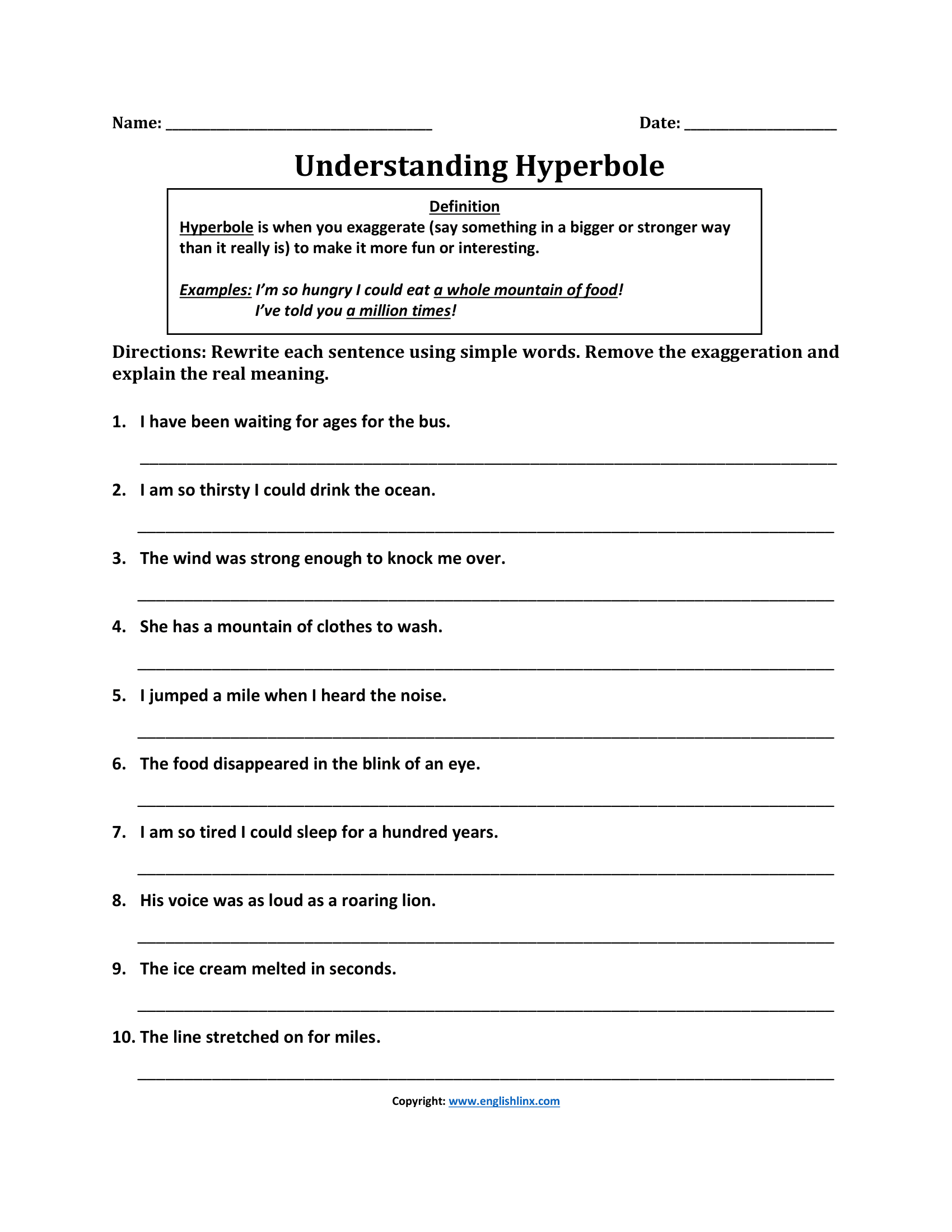 Understanding Hyperbole Worksheets