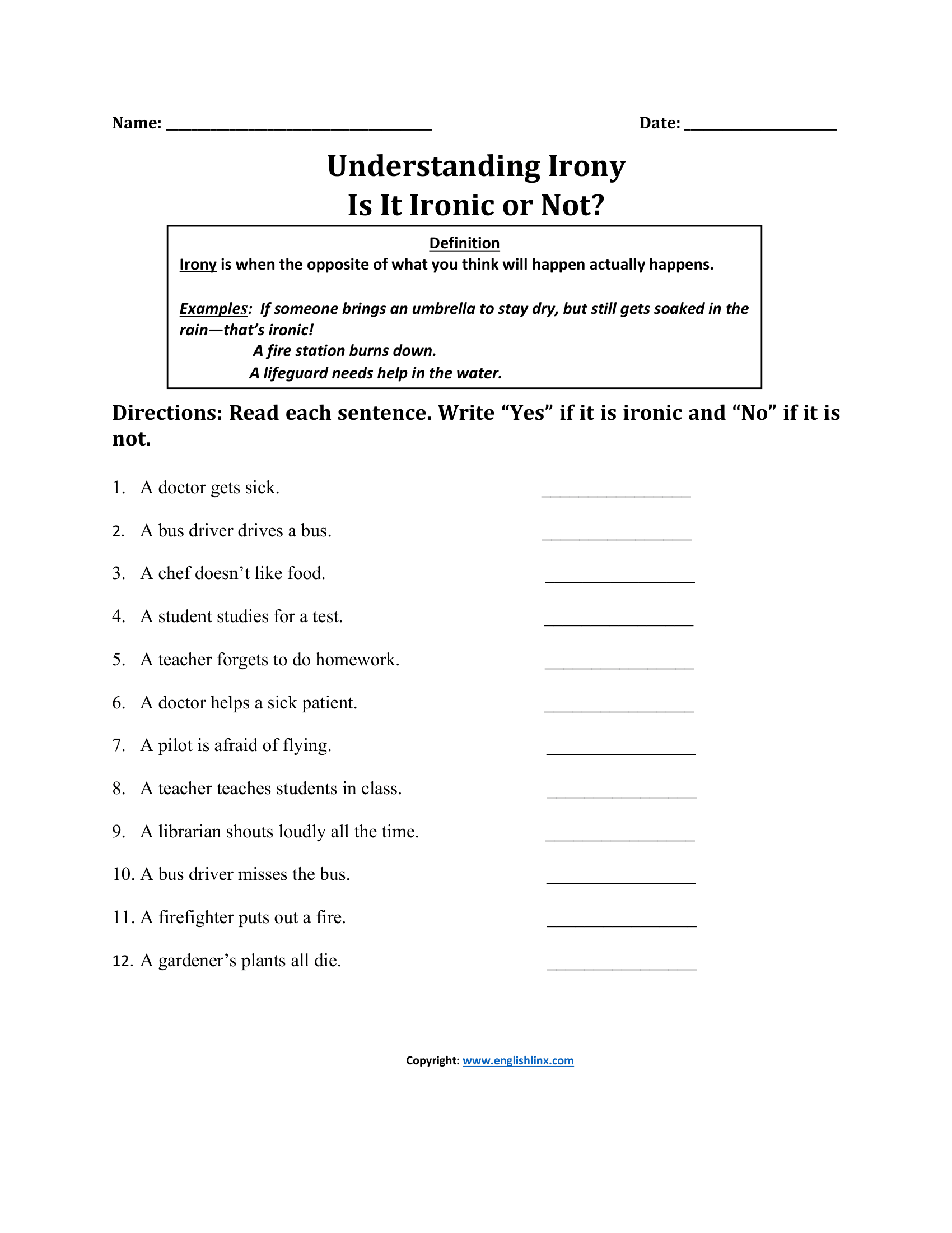 Understanding Irony Worksheets
