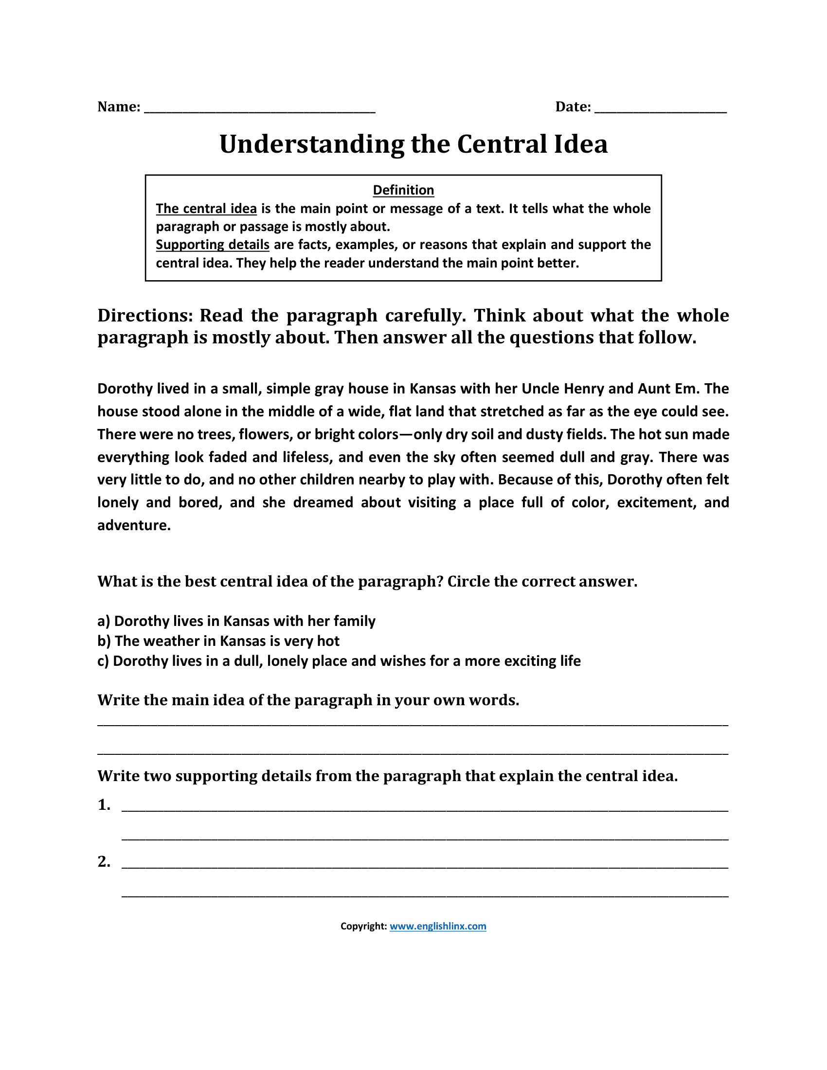 Understanding Central Idea Worksheets