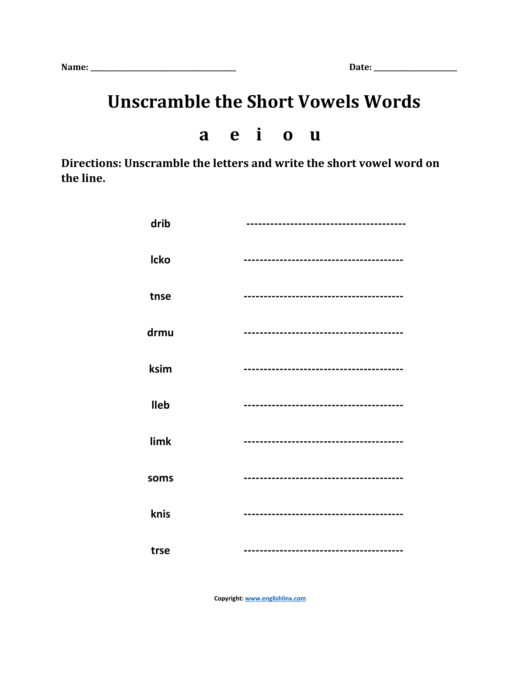Unscramble Short Vowels Sounds Worksheets