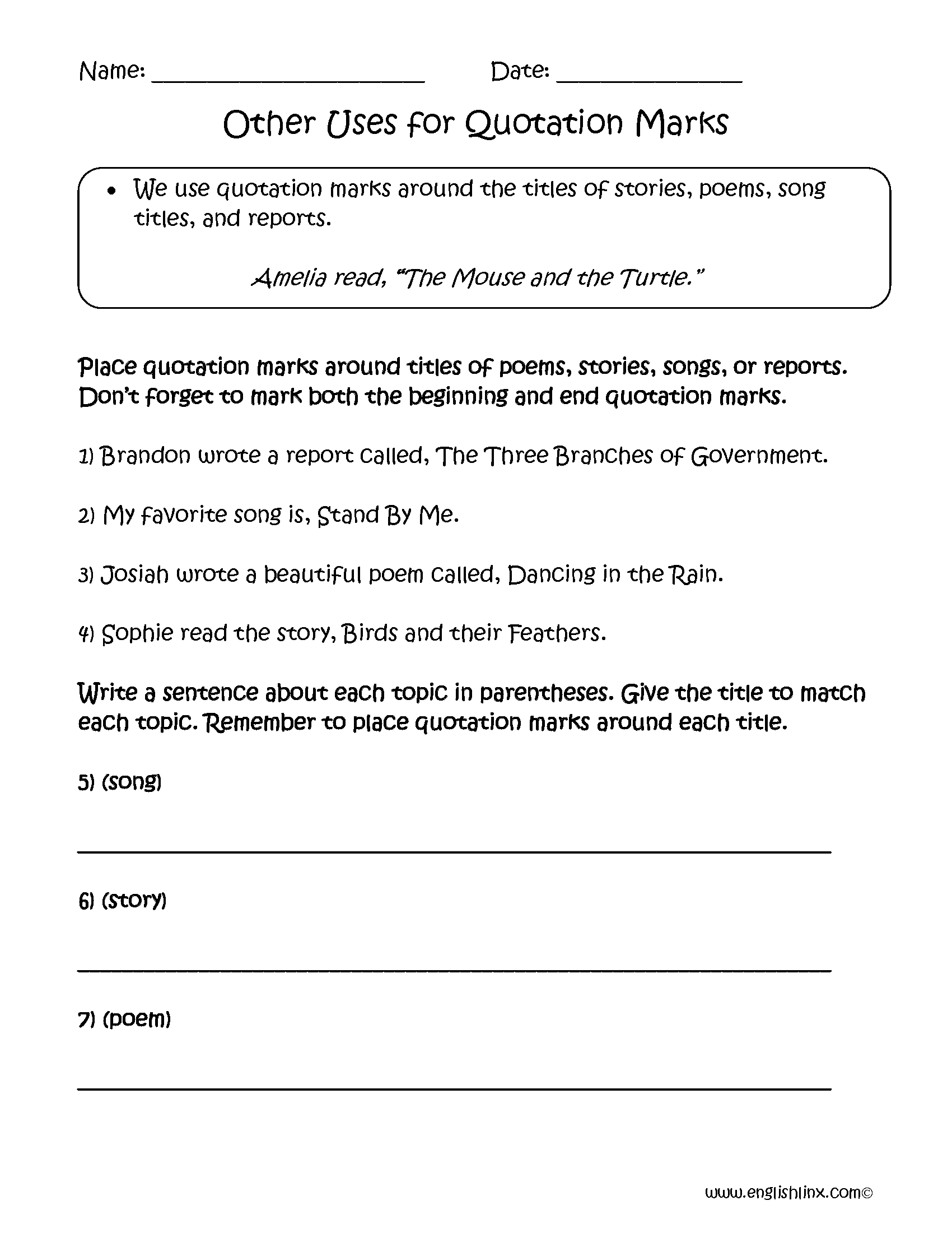 Uses for Quotation Marks Worksheets