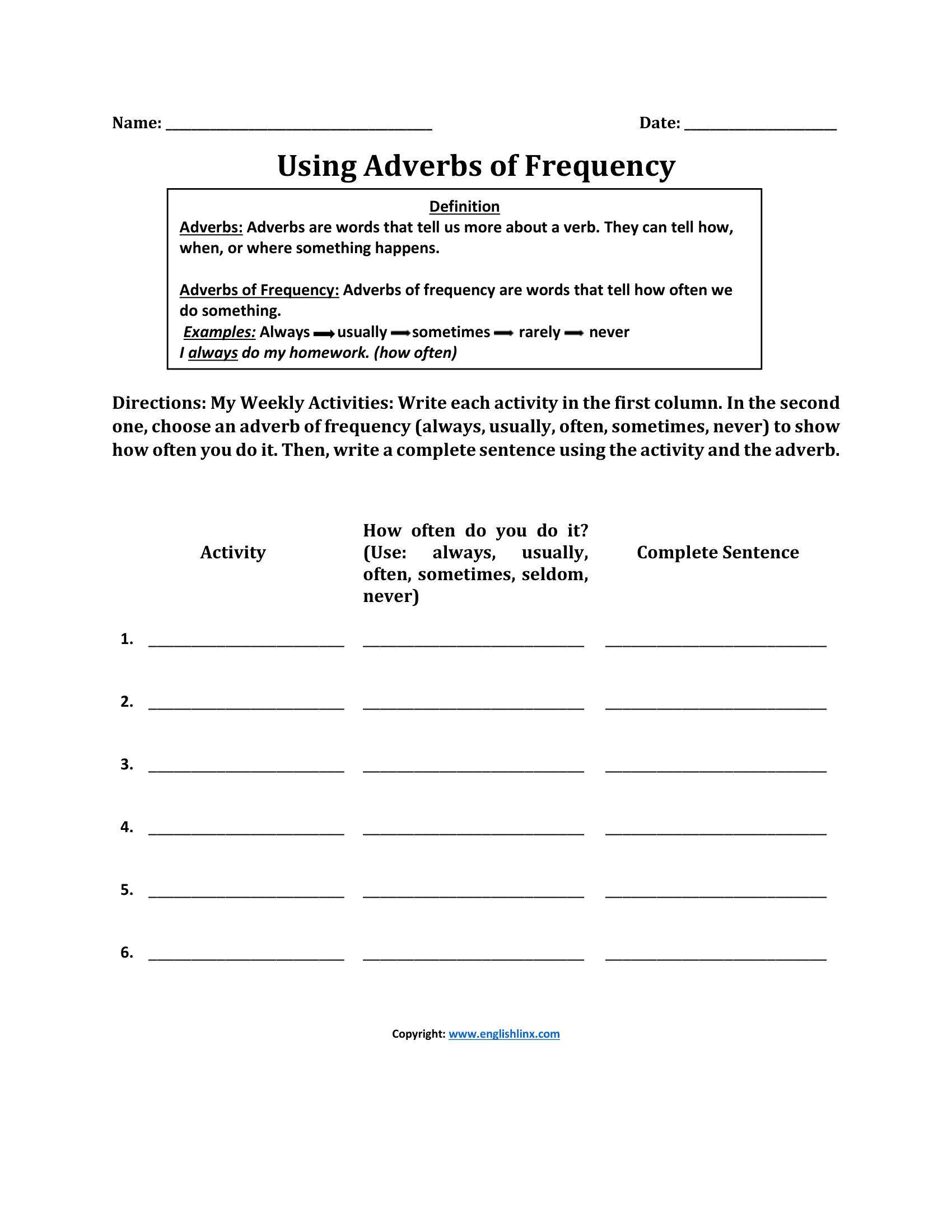 Using Adverbs of Frequency Worksheets
