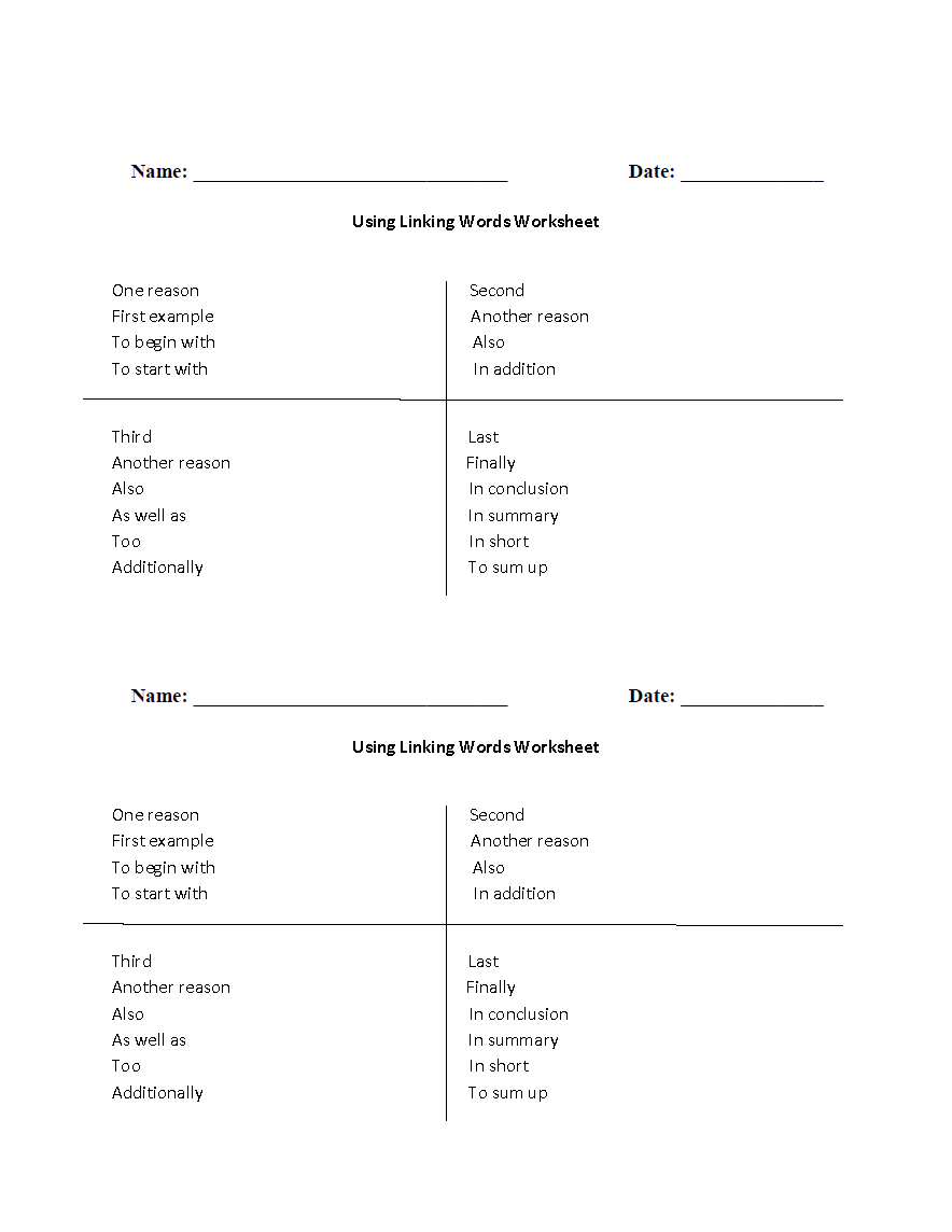 Writing Worksheets Linking Words Worksheets