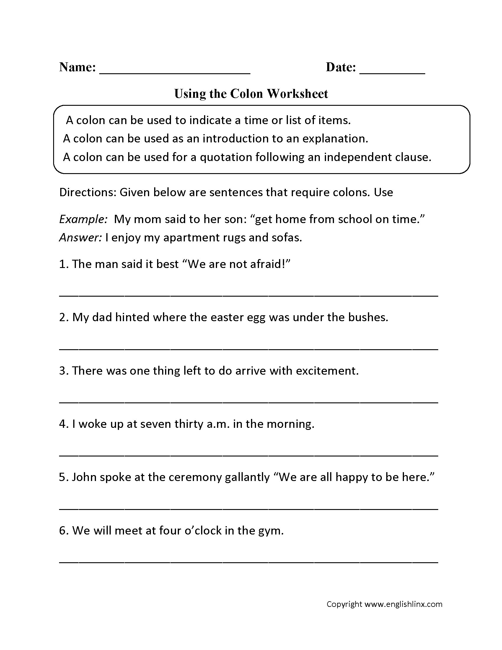 Using the Colon Worksheets