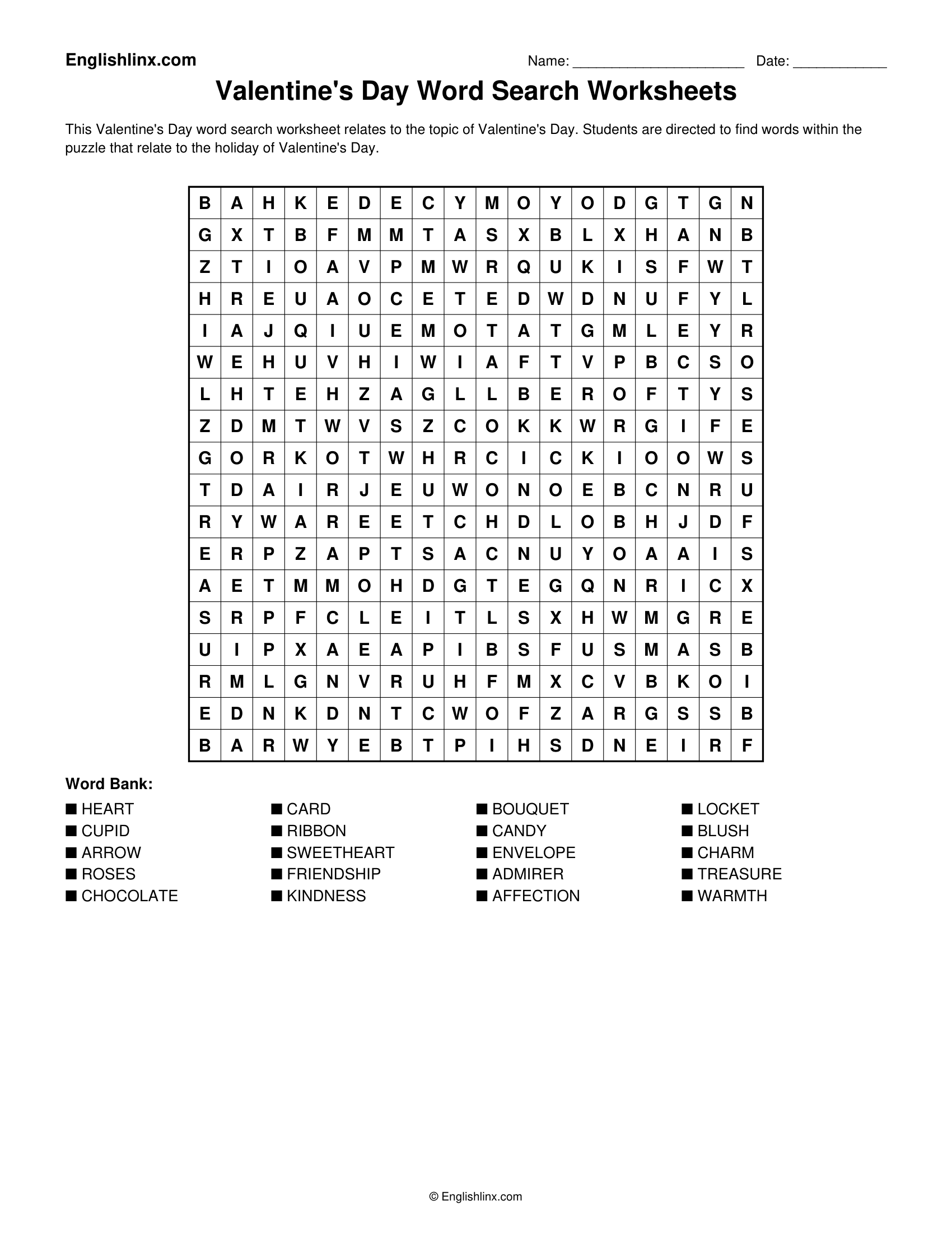 Valentine's Day Word Search Worksheets