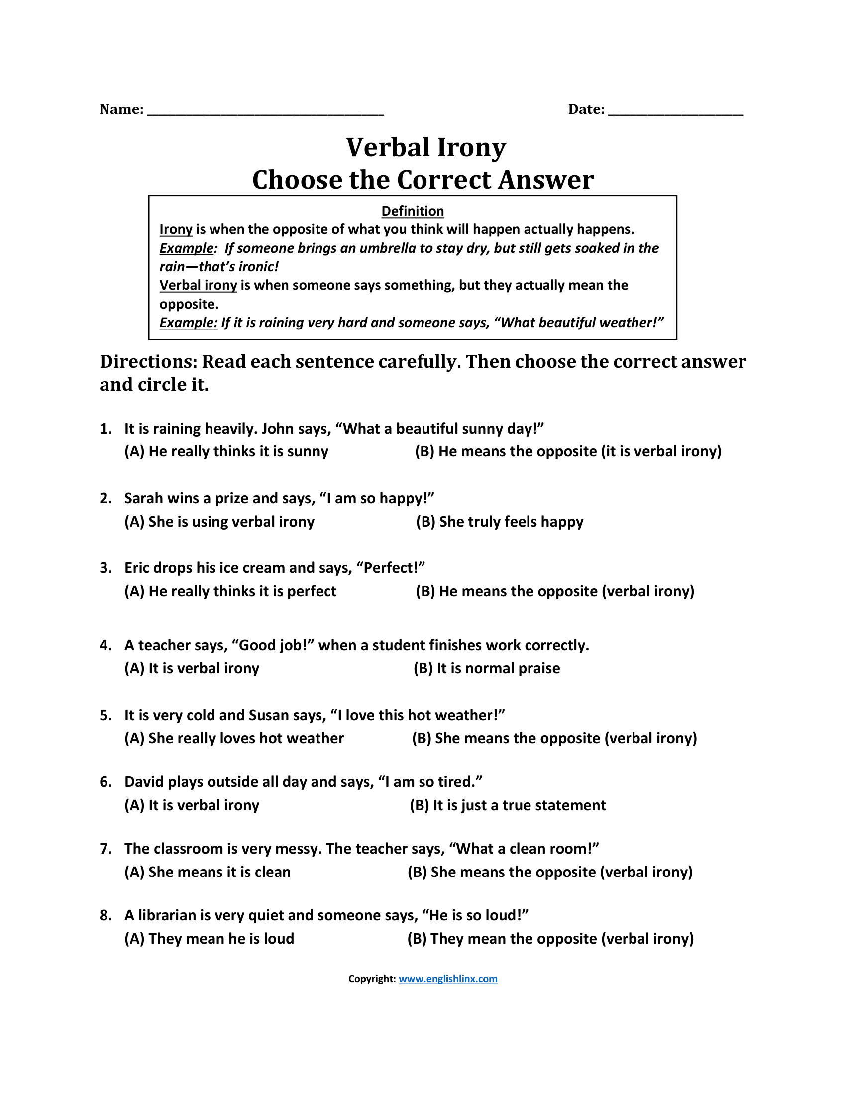 Verbal Irony Worksheets