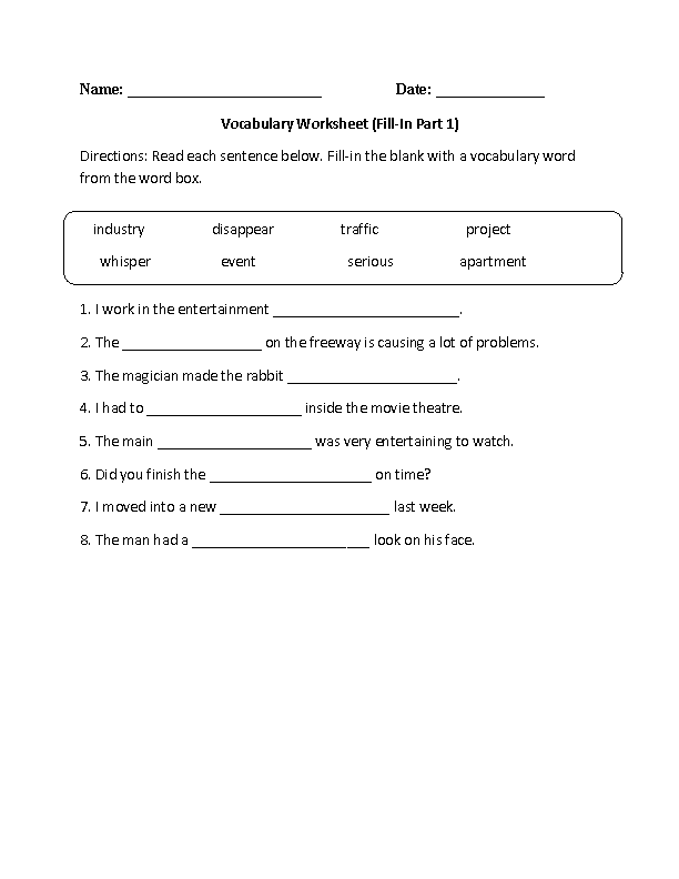 Vocabulary Words Worksheets Part 1