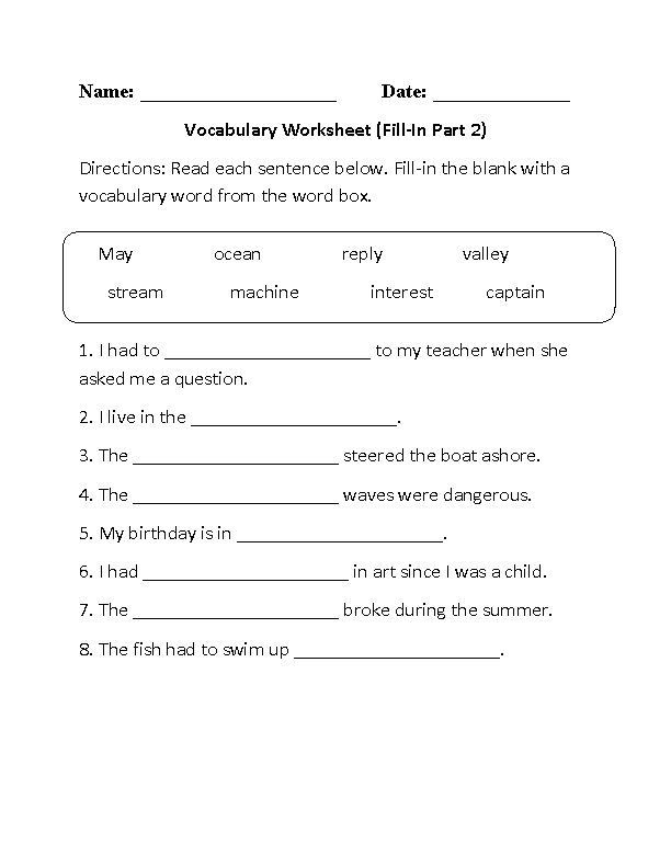 Fill-In Vocabulary Worksheets Part 2