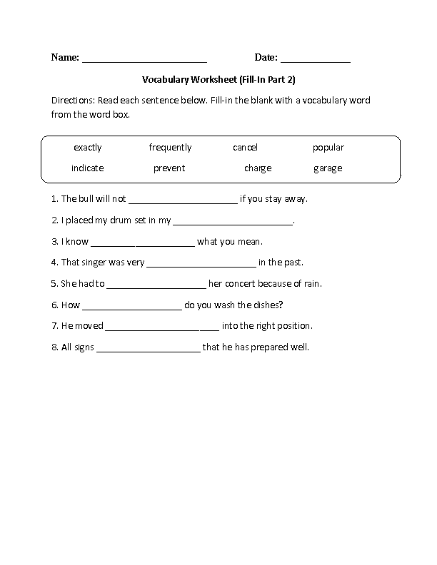 Vocabulary Words Worksheets Part 2