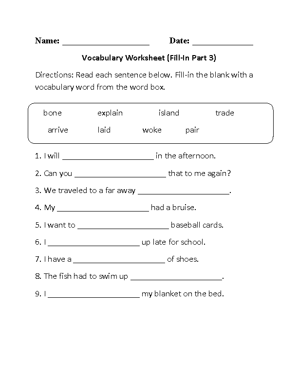 Fill-In Vocabulary Worksheets Part 3