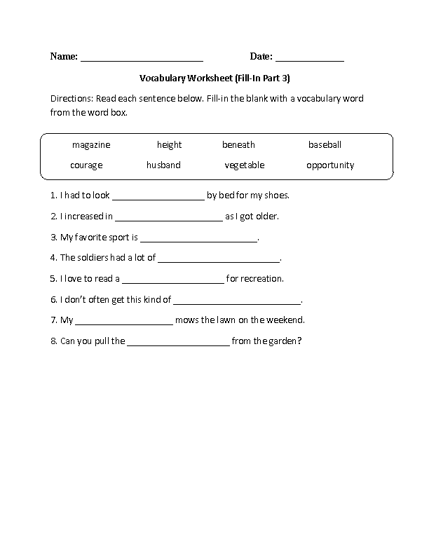 Vocabulary Words Worksheets Part 3