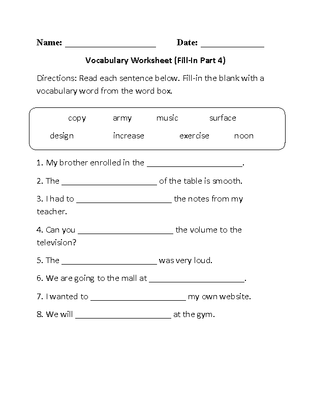 Fill-In Vocabulary Worksheets Part 4