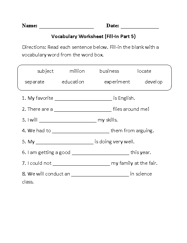 Fill-In Vocabulary Worksheets Part 5