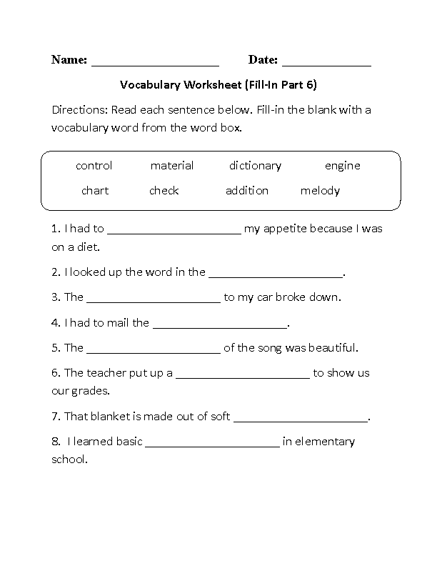 Fill-In Vocabulary Worksheets Part 6