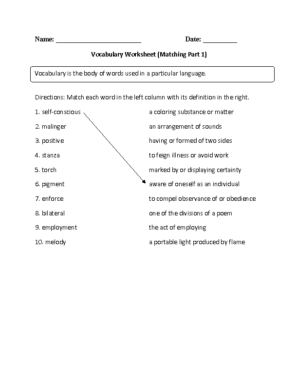 Matching with Vocabulary Worksheets Part 1