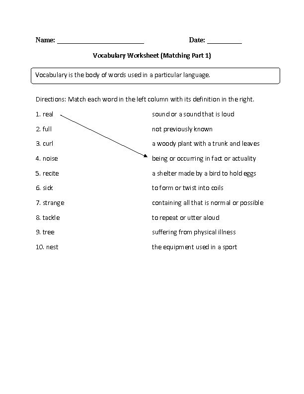 Matching Vocabulary Worksheets Part 1