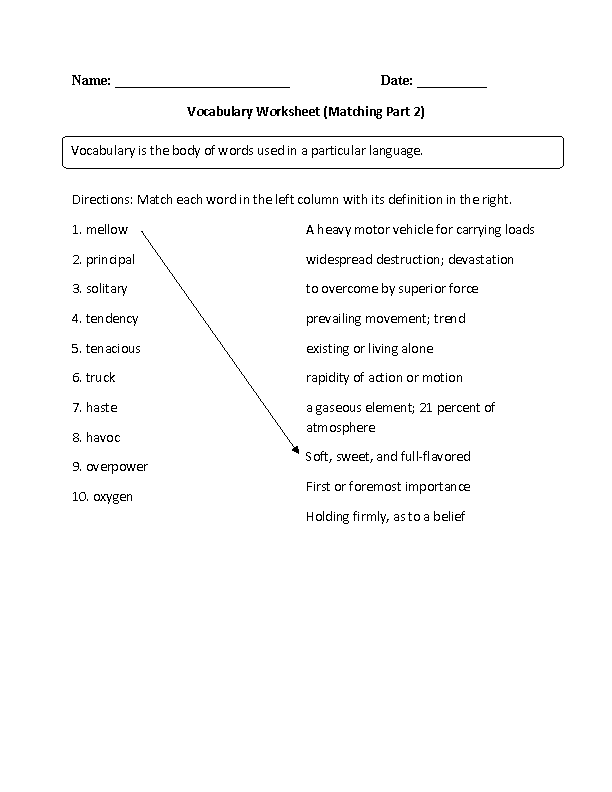 Matching with Vocabulary Worksheets Part 2