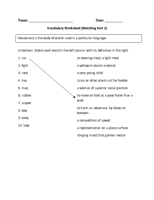 Matching Vocabulary Worksheets Part 2