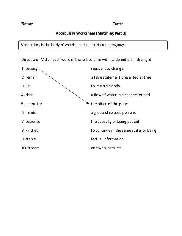 Learning Vocabulary Worksheets Part 2
