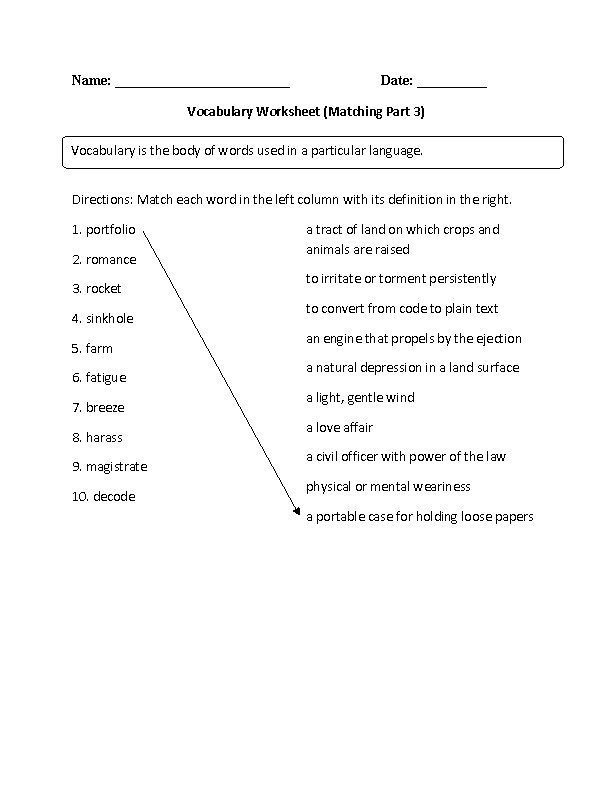 Matching with Vocabulary Worksheets Part 3