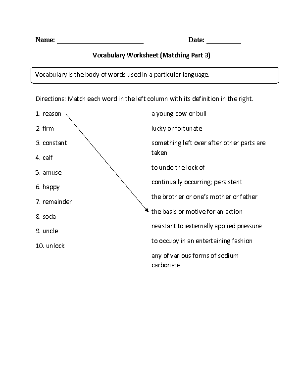 Matching Vocabulary Worksheets Part 3