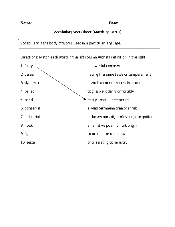 Learning Vocabulary Worksheets Part 3